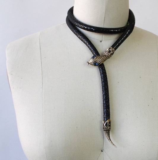 80s DL Auld Mesh Snake Necklace - Black with Blue Eyes
