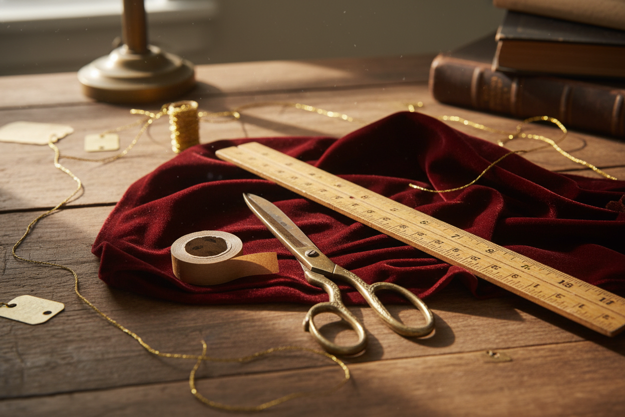 Vintage scissors, tape, ruler, red velvet on a wooden table like someone is wrapping gifts