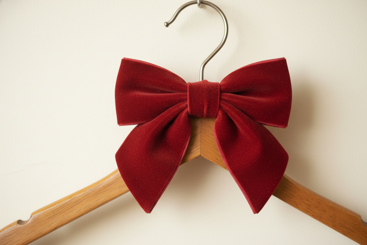 Vintage wooden hanger with a velvet bow tied on it